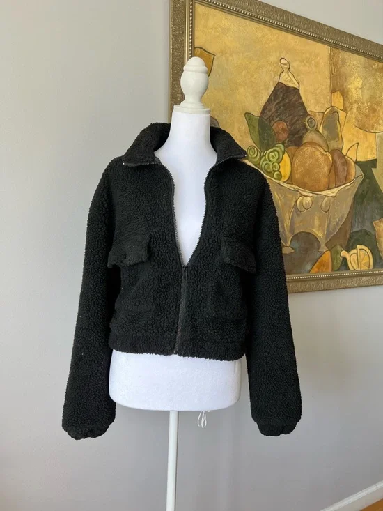 Dazy Black Zip-Up Cropped Faux Shearling Teddy Jacket Size S - Picture 2 of 12
